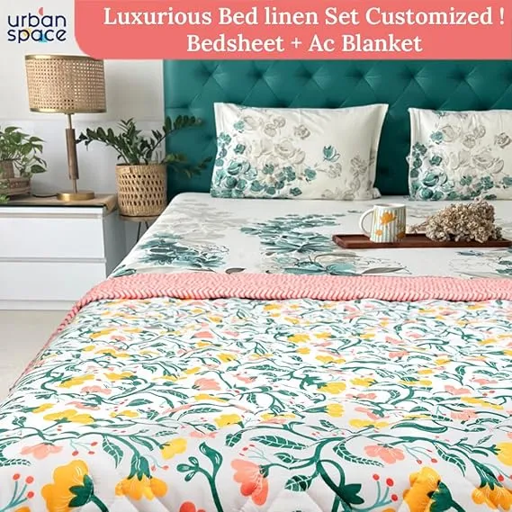 Cotton Bedsheet   AC Blanket Combo Pack - (Combo 27 - Kashmir  Majestic Aqua bedsheet)