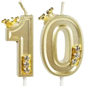 Hongplus Gold Number 10 Birthday Candle with Diamonds & Crown Cake Candles, Candles for Cake, Crown Happy 10 Birthday Candles Cake Topper Decorations for Girls Boys Birthday Anniversary Party
