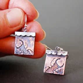 Stag Beetle Insect Jewelry Earrings in Sterling Silver & Copper
