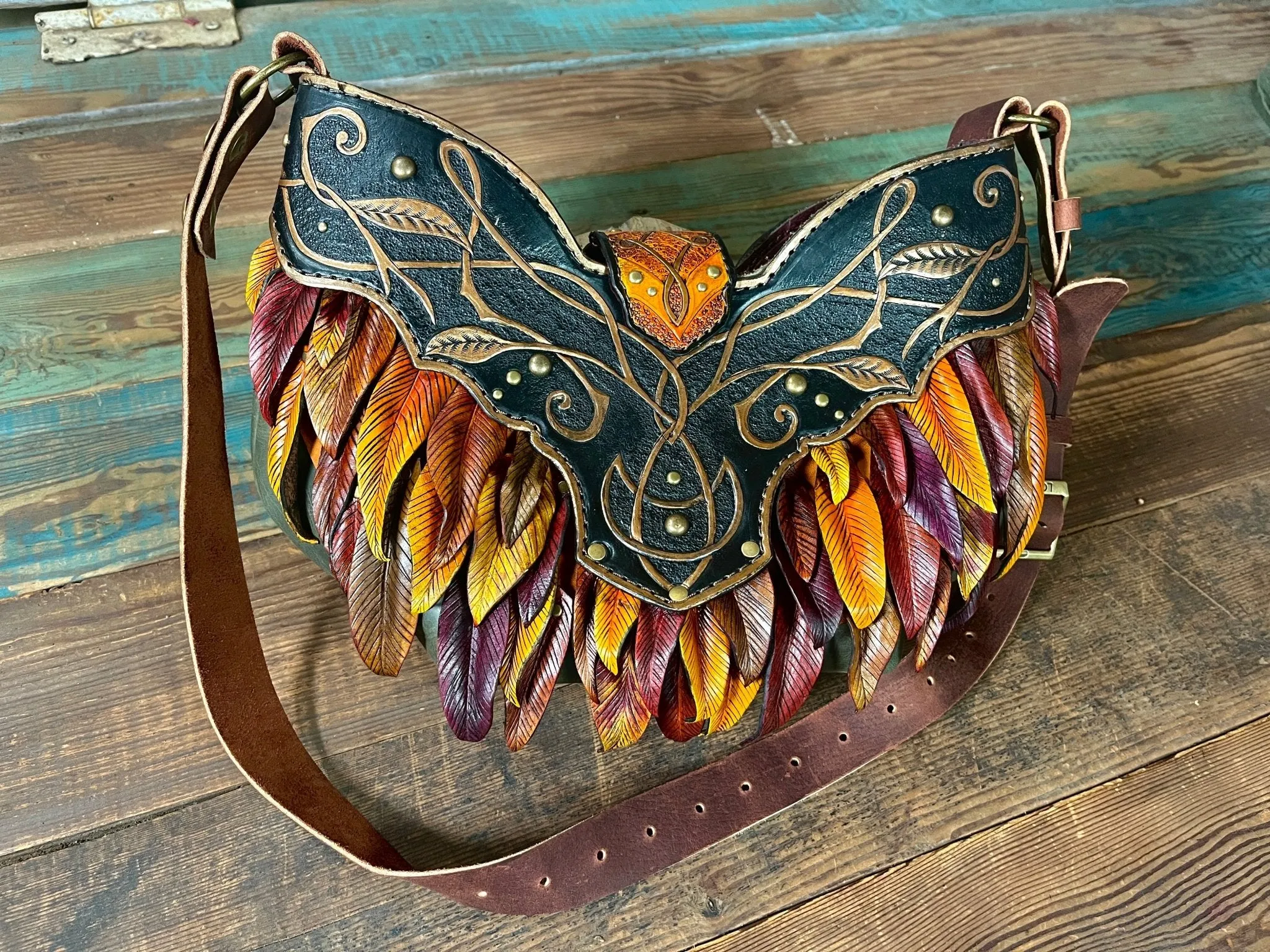 Unique 3D Leather Bag | Handcrafted Faerie-Inspired Hobo Style with Vibrant Leaves