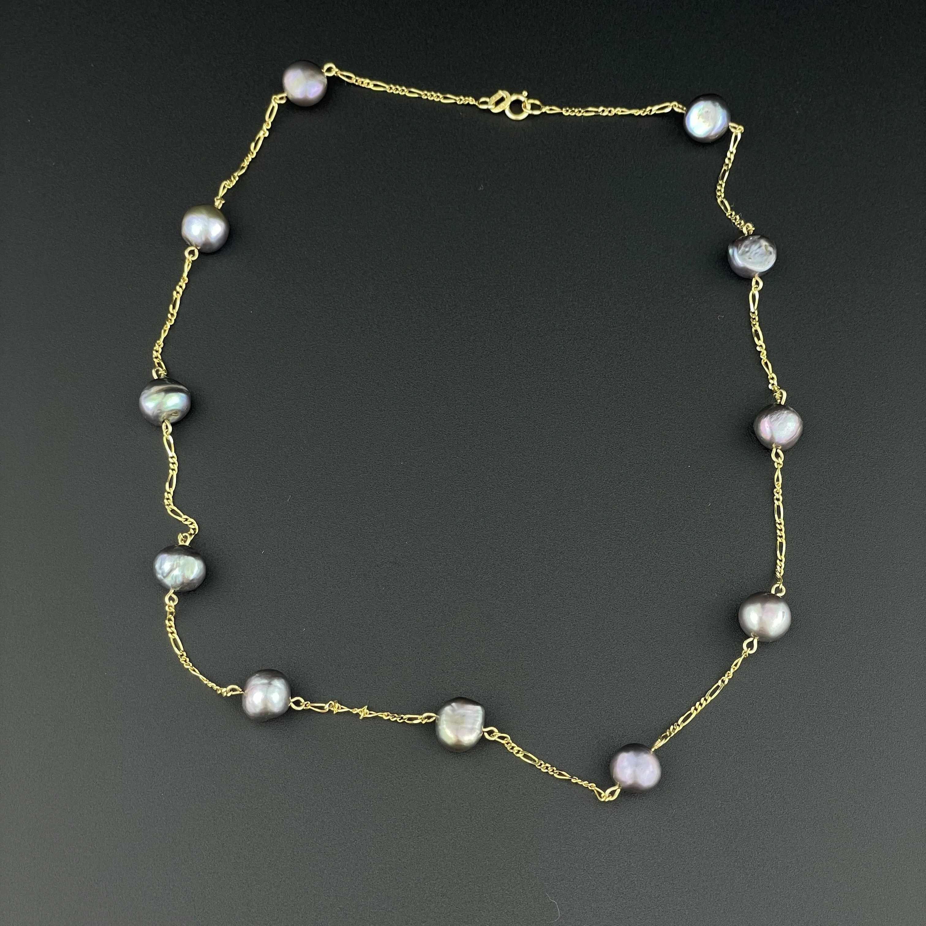Vintage 14K Figaro Gold Gray Pearl Tincup Necklace