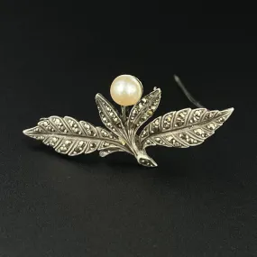 Vintage Art Deco Silver Cultured Pearl Marcasite Floral Brooch
